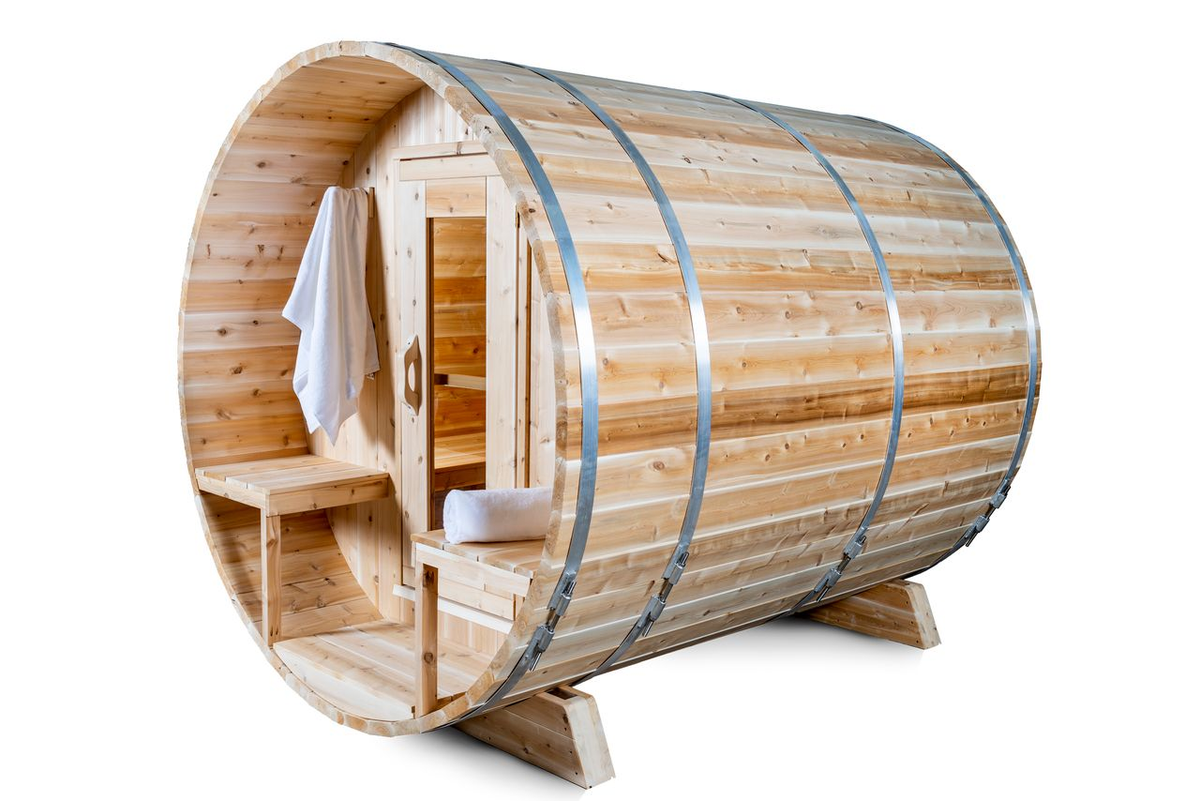 CT Serenity Barrel Sauna interior with electric heater and benches