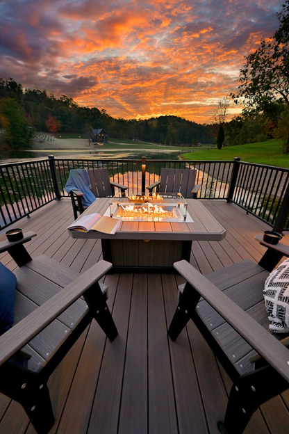 LFP51R Lumin Fire Pit 51 inch Rectangular at sunset on deck overlooking lake and mountains