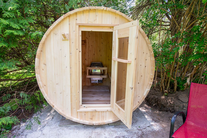 CT Harmony Barrel Sauna open door view showing interior