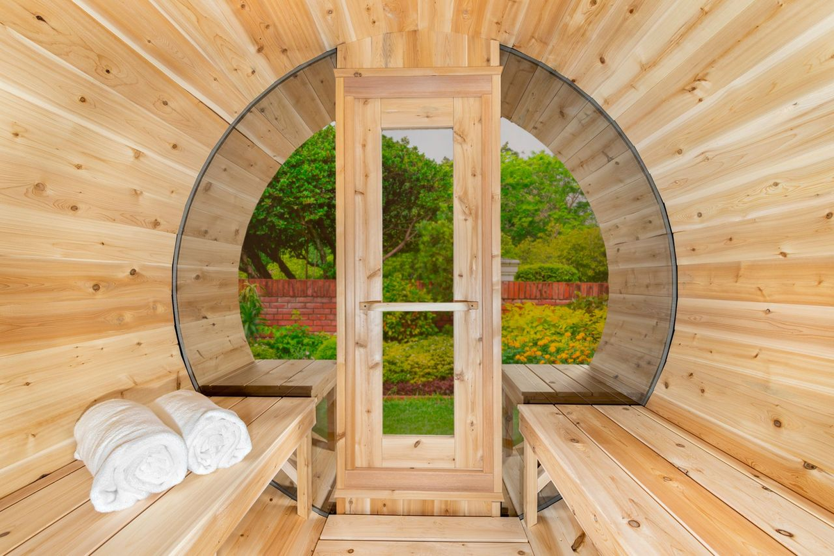 CT Serenity MP Barrel Sauna interior panoramic window view