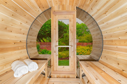 CT Serenity MP Barrel Sauna interior panoramic window view