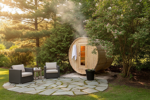 CT Harmony Barrel Sauna golden hour lifestyle shot