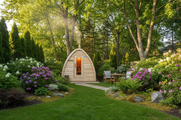 CT MiniPod Sauna lifestyle hero — compact cedar pod sauna glowing warmly in lush backyard garden