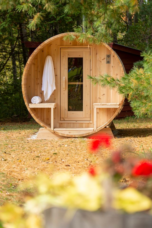CT Serenity Barrel Sauna exterior in forest setting