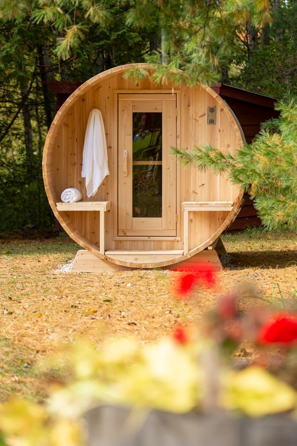 CT Serenity Barrel Sauna exterior in forest setting