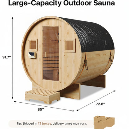 Outdoor Traditional Barrel Sauna | 4-6 Person Wood Sauna, Steam and Wet Sauna with 220V with 6KW Electric Heater, Sauna Stone