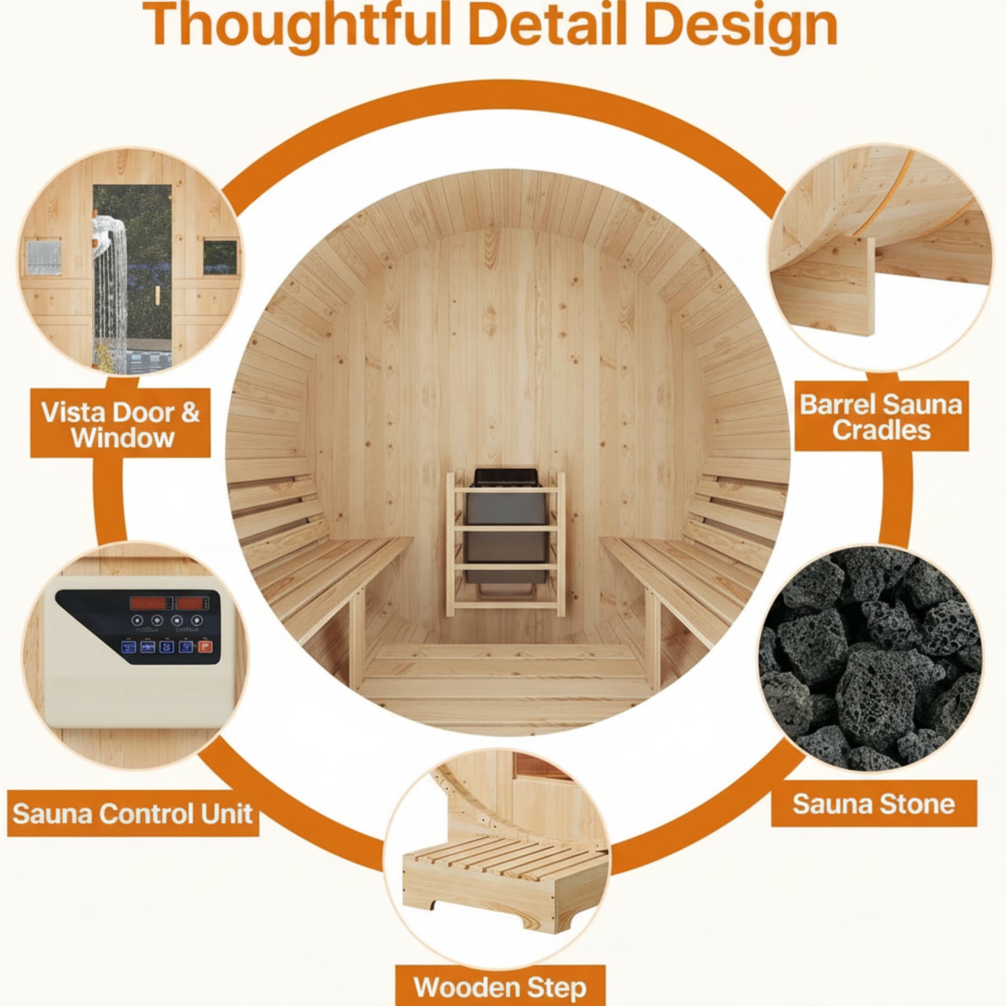 Outdoor Traditional Barrel Sauna | 4-6 Person Wood Sauna, Steam and Wet Sauna with 220V with 6KW Electric Heater, Sauna Stone