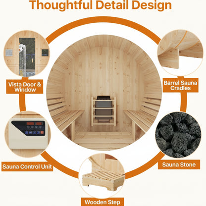 Outdoor Traditional Barrel Sauna | 4-6 Person Wood Sauna, Steam and Wet Sauna with 220V with 6KW Electric Heater, Sauna Stone